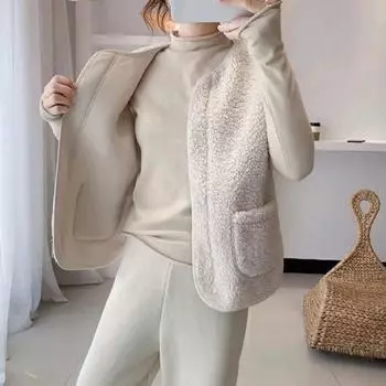 Женский жилет осень-весна с круглым вырезом, толстый флис, карманы, однотонный, без рукавов, застежка-молния, ретро, теплый, для офиса, улицы, дома, отпуска, многослойный жилет XXXL бежевый