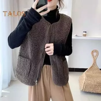 Женский жилет осень-весна с круглым вырезом, толстый флис, карманы, однотонный, без рукавов, застежка-молния, ретро, теплый, для офиса, улицы, дома, отпуска, многослойный XXXL кофейный