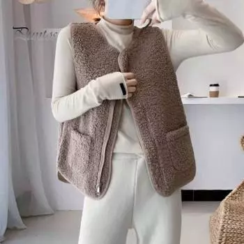 Женский жилет осень-весна с круглым вырезом, толстый флис, карманы, однотонный, без рукавов, застежка-молния, ретро, теплый, для офиса, улицы, дома, отпуска, многослойный жилет XXXL верблюд