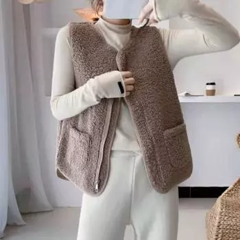 Женский жилет осень-весна с круглым вырезом, толстый флис, карманы, однотонный, без рукавов, застежка-молния, ретро, теплый, для офиса, улицы, дома, отпуска, многослойный жилет XXXL бежевый