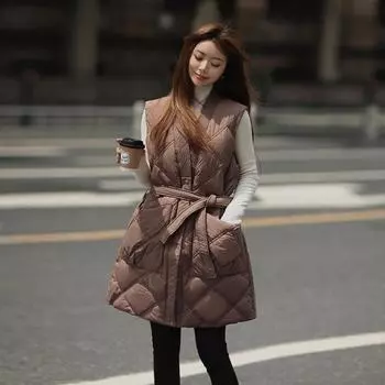 Женский жилет осень-зима 2023, новый тонкий жилет средней длины с v-образным вырезом и зажимом на талии, товары для одежды M