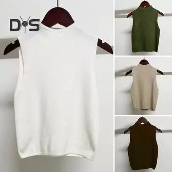 Женский жилет осень-зима, вязаный однотонный, облегающий, без рукавов, с полувысоким воротником, эластичный, теплый, повседневный, один размер, женский пуловер, свитер хаки