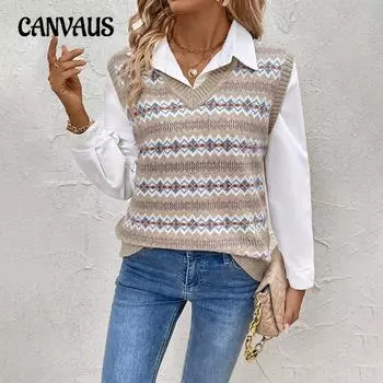 Женский жилет, осенний топ без рукавов, этнический стиль, жаккардовый трикотажный жилет S хаки