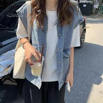 Женский жилет, пальто больших размеров, однобортный однобортный кардиган без рукавов, джинсовая куртка с отложным воротником, нагрудными карманами и пуговицами XXXL чёрный