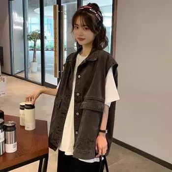 Женский жилет, пальто больших размеров, однобортный однобортный кардиган без рукавов, джинсовая куртка с отложным воротником, нагрудными карманами и пуговицами XL синий