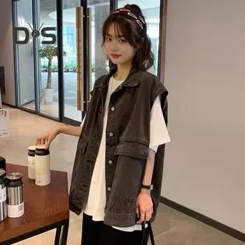 Женский жилет, пальто больших размеров, однобортный однобортный кардиган без рукавов, джинсовая куртка с отложным воротником, нагрудными карманами и пуговицами XL синий