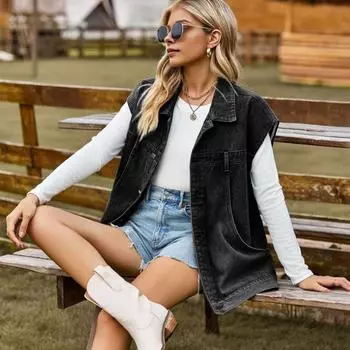 Женский жилет пальто джинсовый свободный однотонный однобортный кардиган без рукавов большие карманы стираный индивидуальный уличный повседневный L синий