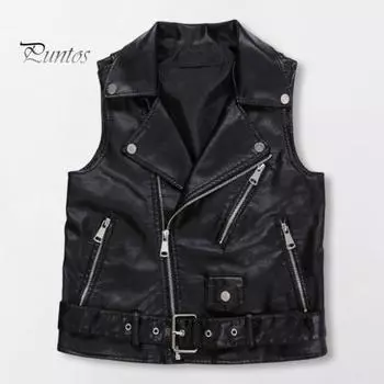 Женский жилет, пальто из искусственной кожи, гладкая поверхность, декорированный пояс, отложной воротник, застежка-молния, без рукавов, карманы на молнии, ретро-жилет для мотоциклистов, для поездок на работу и путешествий M чёрный