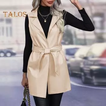 Женский жилет-пальто на осень-весну с поясом, шнуровкой на талии, отложным воротником, гладкий кардиган из искусственной кожи средней длины, женский жилет для поездок на работу и шопинга S коричневый