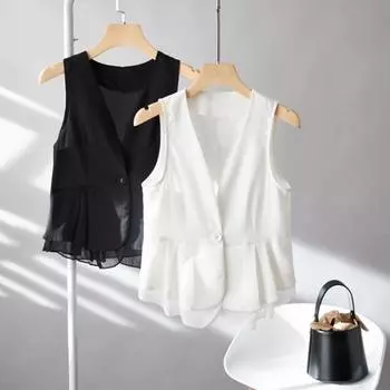 Женский жилет, пальто с застежкой на одну пуговицу, без рукавов, плиссированный, с оборками, в сетку, пэчворк M чёрный