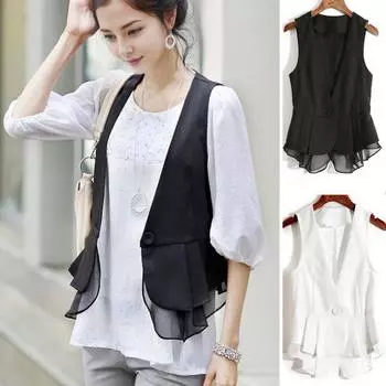 Женский жилет, пальто с застежкой на одну пуговицу, без рукавов, плиссированный, с оборками, сетчатый, в стиле пэчворк, тонкий M белый