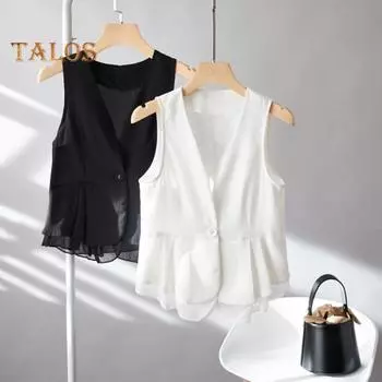 Женский жилет, пальто с застежкой на одну пуговицу, без рукавов, плиссированное, с оборками, сетчатое, пэчворк, приталенное, пиджак, однотонный, повседневный, жилет M белый