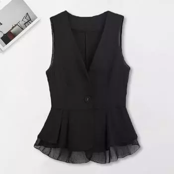 Женский жилет, пальто с застежкой на одну пуговицу, без рукавов, плиссированное, с оборками, сетчатое, пэчворк, приталенное, пиджак, однотонный, повседневный, жилет M чёрный