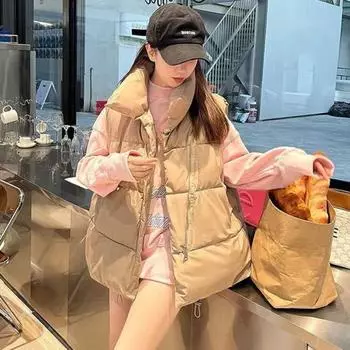 Женский жилет-пальто утолщенный с подкладкой на молнии с отложным воротником без рукавов однотонный защитный от повреждений M белый