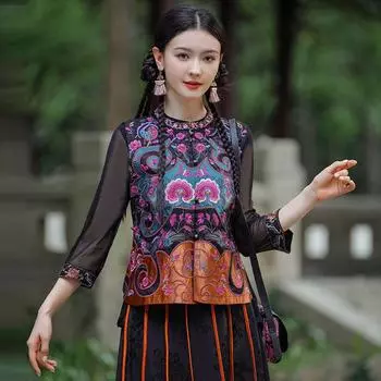 Женский жилет с этнической вышивкой и цветочным воротником-стойкой - ретро-стиль для весны и осени 2XL чёрный/красный