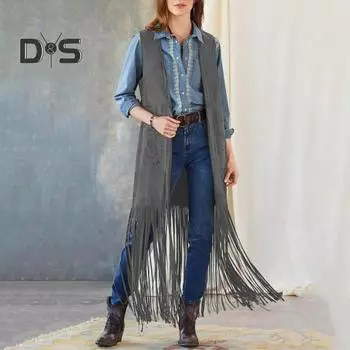 Женский жилет с бахромой и длинной кисточкой, открытый спереди, без рукавов, свободный кардиган в стиле хиппи 70-х годов, сплошной цвет, накладной карман, ковбойский жилет для косплея XL чёрный