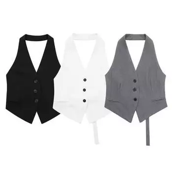 Женский жилет с бретелькой на шее, без рукавов, однобортный однобортный кардиган с карманами, OL, деловой стиль, деловой стиль XS белый