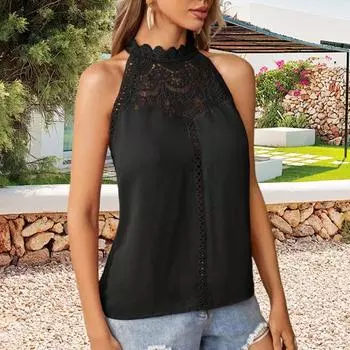 Женский жилет с халтер-воротником, однотонные топы с кружевным декором, однотонные повседневные топы с ажурной кружевной строчкой S белый