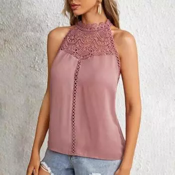 Женский жилет с халтер-воротником, однотонный кружевной декор, топы, однотонный ажурный кружевной шов M белый