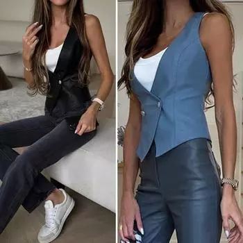 Женский жилет с искусственным кроем и пуговицами, однотонный кожаный кардиган без рукавов с v-образным вырезом и низким вырезом, тонкий цветной кардиган, мягкий S чёрный