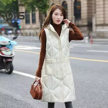 Женский жилет с капюшоном, без рукавов, застежка-молния, большие карманы, жилет, пальто, однотонный, повседневный, свободный крой, хлопковый жилет, верхняя одежда M чёрный