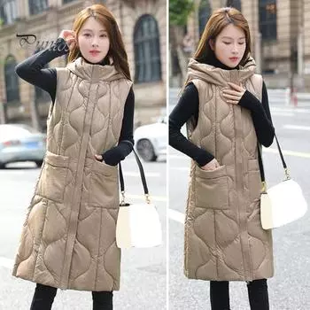 Женский жилет с капюшоном, без рукавов, застежка-молния, большие карманы, жилет, пальто, однотонный, повседневный, свободный крой, хлопковый жилет, верхняя одежда M чёрный