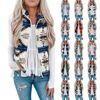 Женский жилет с карманом на молнии и плюшевым принтом в клетку тай-дай с леопардовым принтом L синий