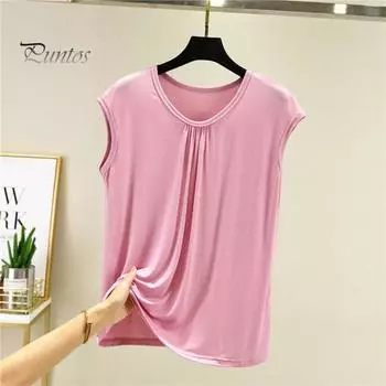 Женский жилет с круглым вырезом без рукавов, плиссированные топы на бретелях, однотонные свободные топы с эластичной резинкой, летний тонкий жилет M зелёный