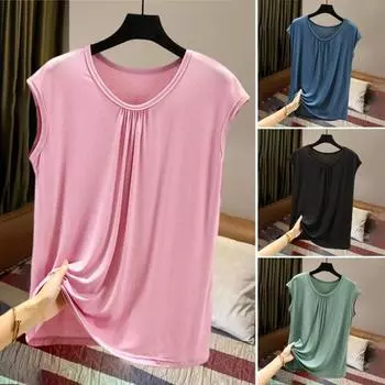 Женский жилет с круглым вырезом без рукавов, плиссированные топы на бретелях, однотонные свободные топы с эластичной резинкой, летние тонкие топы M зелёный