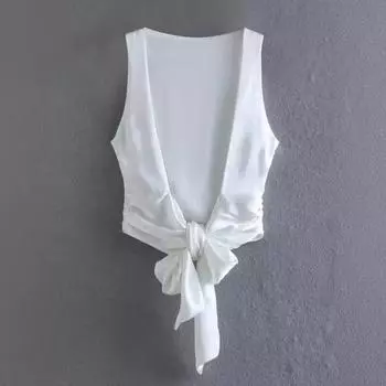 Женский жилет с круглым вырезом, без рукавов, с открытой спиной, гладкий атласный жилет с текстурой, топ с застежкой-бабочкой, топы на бретелях S чёрный