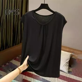 Женский жилет с круглым вырезом без рукавов, плиссированные топы на бретелях, однотонные свободные топы с эластичной резинкой, летний тонкий жилет XL синий