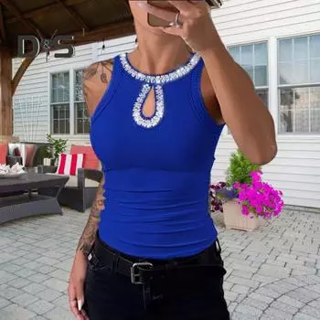 Женский жилет с круглым вырезом без рукавов, блестящие блестящие украшения, топы, ажурный дизайн, облегающий топ, повседневная одежда S белый