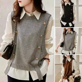 Женский жилет с круглым вырезом, однотонный вязаный жилет, модный мягкий женский вязаный топ без рукавов на осень-зиму серый