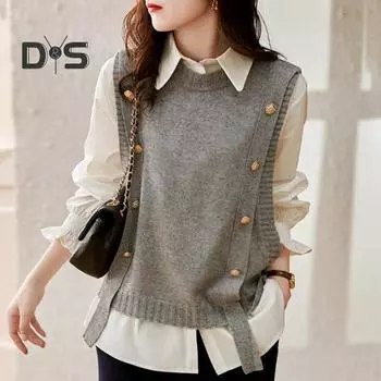 Женский жилет с круглым вырезом, однотонный вязаный жилет, модный мягкий женский вязаный топ без рукавов на осень-зиму кофейный