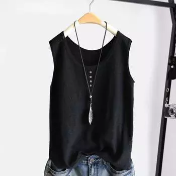 Женский жилет с круглым вырезом, пуговицами, декором, без рукавов, однотонные свободные тонкие летние топы для повседневной носки L чёрный