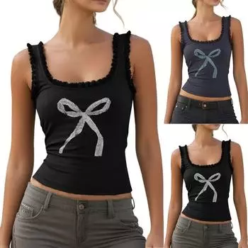 Женский жилет с кружевом и кружевным бантом, летний модный жилет с подтяжками S чёрный