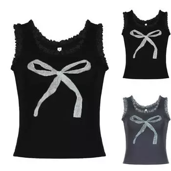 Женский жилет с кружевом и кружевным бантом, летний модный жилет с подтяжками L чёрный