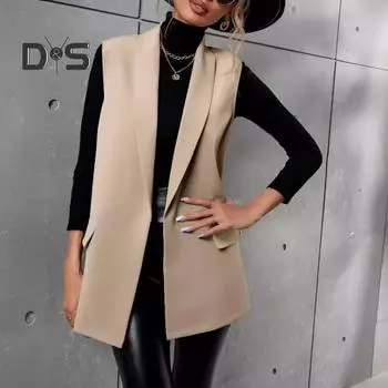 Женский жилет с лацканами, без рукавов, с клапанами, карманами, средней длины, пиджак, однотонный, с открытым передом, деловой жилет S верблюд
