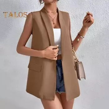 Женский жилет с лацканами, без рукавов, с клапанами, карманами, средней длины, пиджак, однотонный, с открытым передом, деловой жилет S хаки