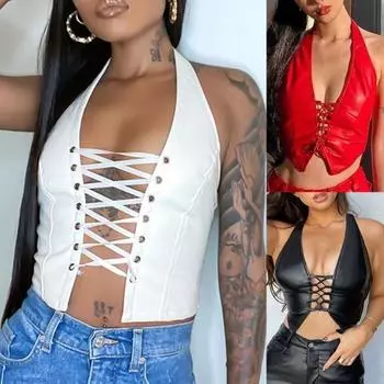 Женский жилет с лямкой на шее, сексуальный кардиган на шнуровке, тонкая блузка из искусственной кожи M чёрный