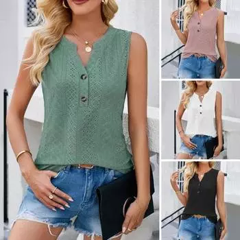 Женский жилет с v-образным вырезом без рукавов и пуговицами Декор Пуловеры Топы Полый дизайн Однотонные майки XL белый