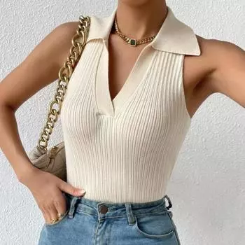 Женский жилет с v-образным вырезом и лацканами, пуловеры без рукавов с открытыми плечами, однотонные облегающие топы в рубчик, уличная одежда S чёрный