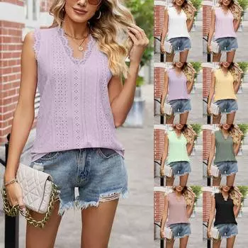 Женский жилет с v-образным вырезом и полым кружевным топом без рукавов XXL розовый