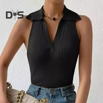 Женский жилет с v-образным вырезом и лацканами, пуловеры без рукавов с открытыми плечами, однотонные облегающие топы в рубчик, уличная одежда S чёрный