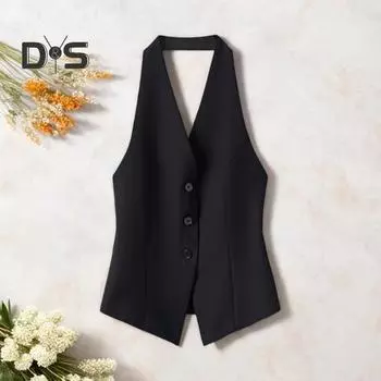 Женский жилет с V-образным вырезом на шее, пиджак на пуговицах с открытой спиной, укороченный жилет без рукавов, винтажный нарядный жилет S чёрный