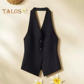 Женский жилет с V-образным вырезом на шее, пиджак на пуговицах с открытой спиной, укороченный жилет без рукавов, винтажный нарядный жилет S чёрный