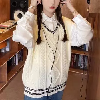 Женский жилет с V-образным вырезом, свитер, верхняя одежда, однотонный свободный трикотаж, стильные жилеты и жилеты, женский жилет без рукавов, верхняя женская одежда One Size покинуть белый