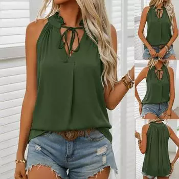 Женский жилет с завязками и V-образным вырезом, летняя блузка без рукавов, женская майка, футболка S зелёный