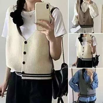 Женский жилет-слинг, облегающий топ без рукавов с V-образным вырезом и полосатым узором, однобортный вязаный свитер, повседневная одежда верблюд