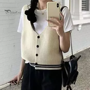 Женский жилет-слинг, облегающий топ без рукавов с V-образным вырезом и полосатым узором, однобортный вязаный свитер, повседневная одежда верблюд